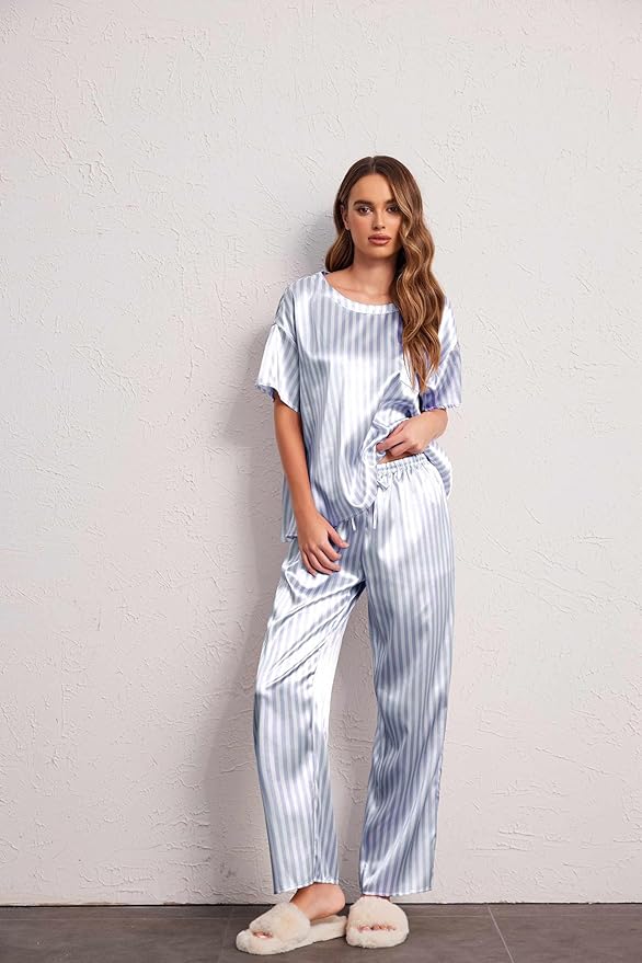 Ekouaer Womens Satin Silky Pajama Set Short Sleeve Shirt with Long Pajama Pant Set Soft PJ Loungewear