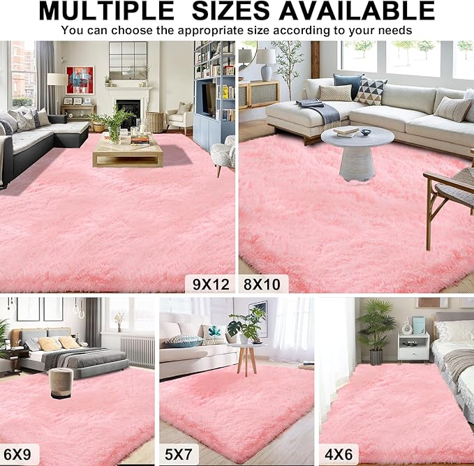 Pink Area Rugs 8x10 for Living Room, Large Fluffy Shag Rug for Bedroom, Kids Room Decor, Big Cute Furry Carpet for Teen Girls, Baby Nursery, Soft Fuzzy Cozy Carpets for Playroom, Upgrade Anti-Skid