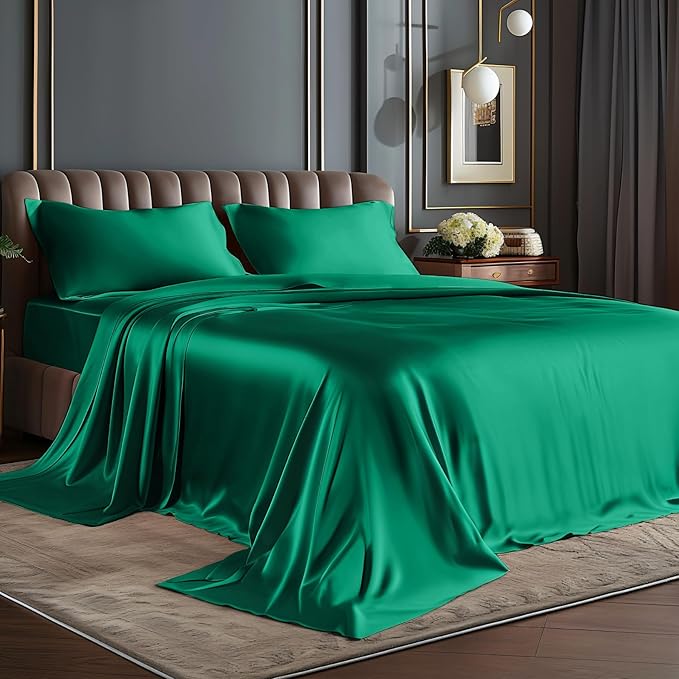 BEDELITE Satin Sheets Twin Size Bed Set, Luxury Soft Dark Green Silky Sheets for Hair and Skin, Similar to Silk Bed Sheets Set 3 Pieces with 1 Deep Pocket Fitted Sheet, 1 Flat Sheet, and 1 Pillowcase
