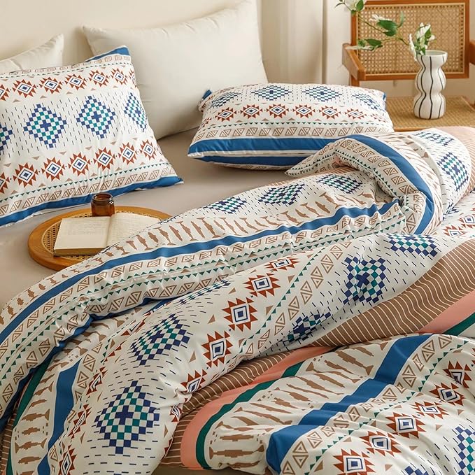 Luxlovery Aztec Comforter Set King Beige Blue Bohemian Bedding Set King Southwestern Exotic Ethnic Rustic Native American Navajo Bedding Set Folkloric Comforter Set Women Men