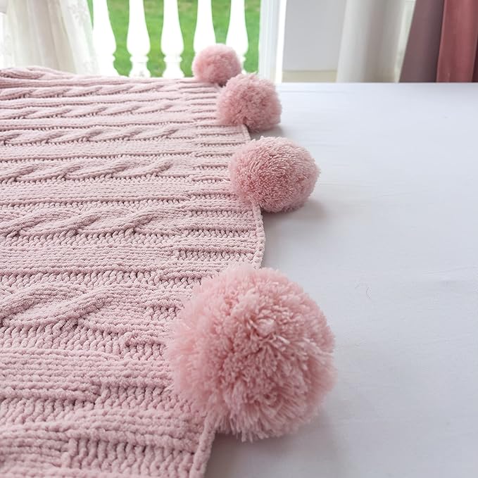 Chenille Chunky Knitted Throw Blanket with 14 pcs Pom Poms Tassel Super Soft Cozy Warm Blanket for Sofa Bed Soft Couch 50 x60 inches (Pink)?-¡­