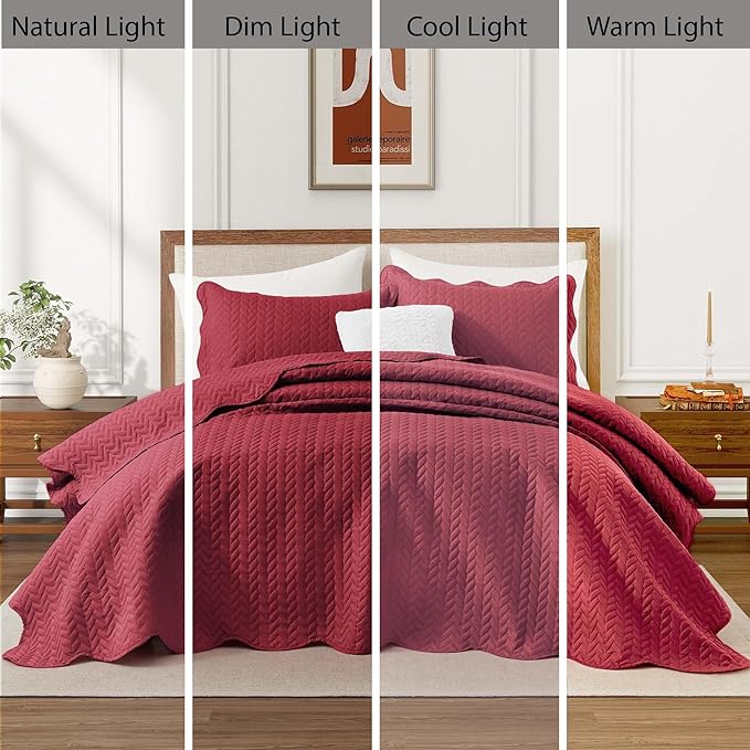 IR Imperial Rooms Queen Quilt Bedding Set Size (90" x 96") + 2 Pillow Shams (20" x 26"+ 2") - 3 Pcs All Season Lightweight Reversible Microfiber Coverlet Embossed Quilt Bedspread (Burgundy)