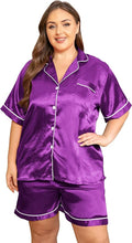 Vozanet Women's Short Sleeve Satin Pajama Sets Silky Ladies Button Down Loungewear Plus Size Nighty Shorts Sets XL to 5XL