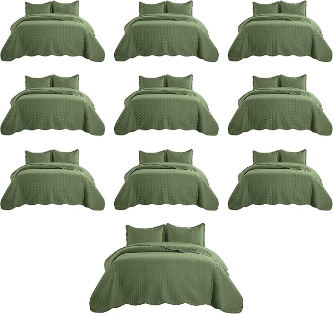 IR Imperial Rooms Queen Quilt Bedding Set (90" x 96") - Bulk Pack of 10 Wholesale for Hotels, Guest Bedroom & Airbnbs - Lightweight Microfiber Reversible Embossed Quilts Bedspreads (Olive Green)