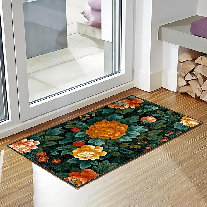 Vintage Floral Spring Area Rug 2x3 ft Entry Rug Washable Boho Rugs Non Slip Low Pile Vintage Floral Door Mat Small Carpet for Bedroom, Bedside, Kids Room, Office, Dining Room