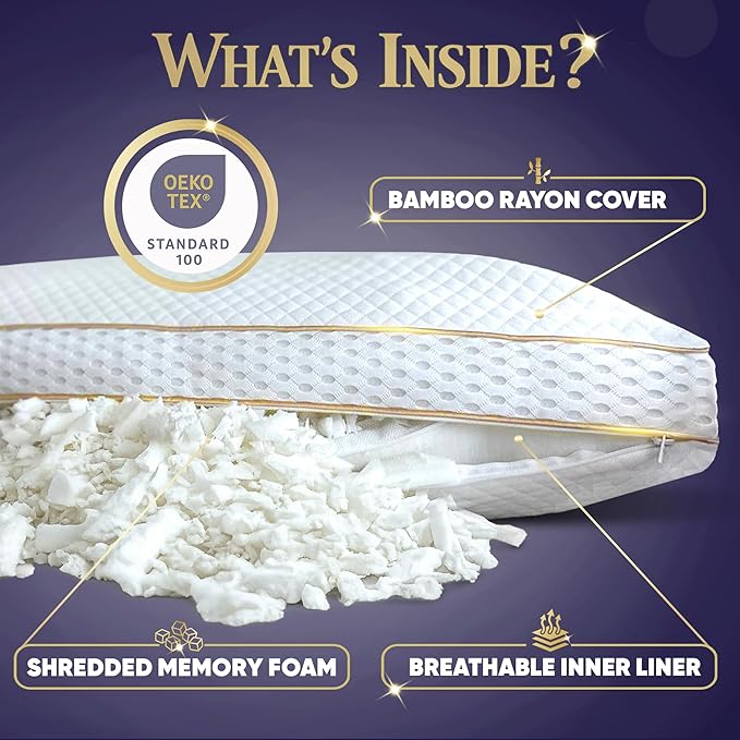Royal Therapy King 4 Pack Memory Foam Pillow, Adjustable Shredded Odor-Free Cut-Out Bed Pillow for Neck & Shoulder Pain Relief, Breathable Support for Back, Stomach, Side Sleepers, BioForm