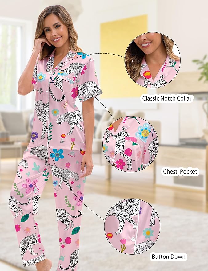 Silk Satin Pajama Set for Women 3-piece Short Sleeve Pajama with Pants Ruffle Shorts Cute Pj Set Button Down Sleepwear