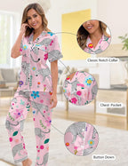 Silk Satin Pajama Set for Women 3-piece Short Sleeve Pajama with Pants Ruffle Shorts Cute Pj Set Button Down Sleepwear