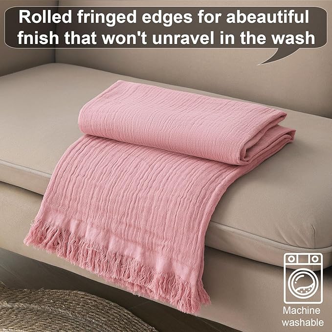 Cotton Muslin Throw Blanket with Tassels, Lightweight Woven Gauze, Pre-Washed Breathable Farmhouse Decor for Bed, Couch, All-Season Use (Dusty Pink, 50" x 60")