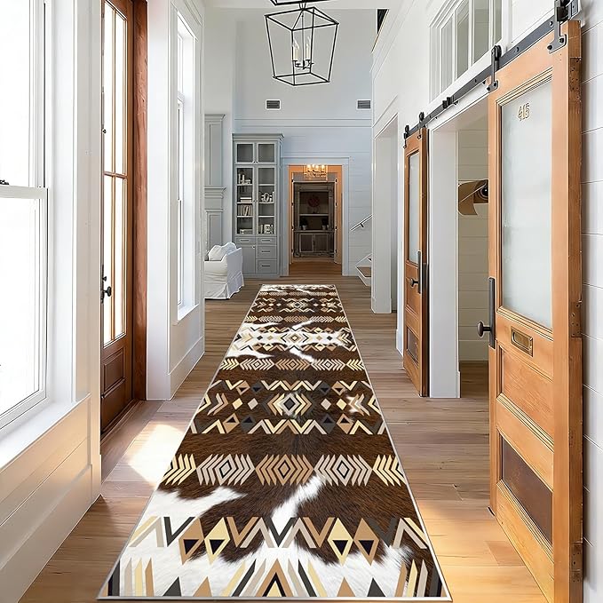 Western Runner Rug,2x6ft,Farmhouse Cow Print Runner Rug,Southwestern Native American Aztec Kitchen Rugs,Soft Non-Slip Washable Rustic Cabin Decor Cowhide Rugs,for Hallways Entry Western Decor