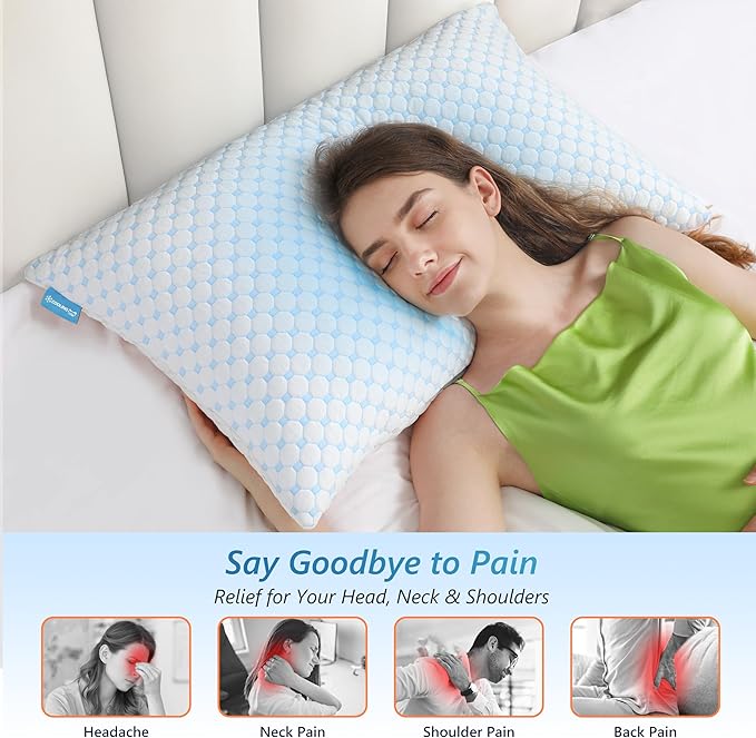 UYWO Cooling Firm Bed Pillows Set of 2, Shredded Memory Foam Pillows for Sleeping Luxury Gel Pillows for Side Back Stomach Sleepers with Removable Washable Cover(Blue, Queen)