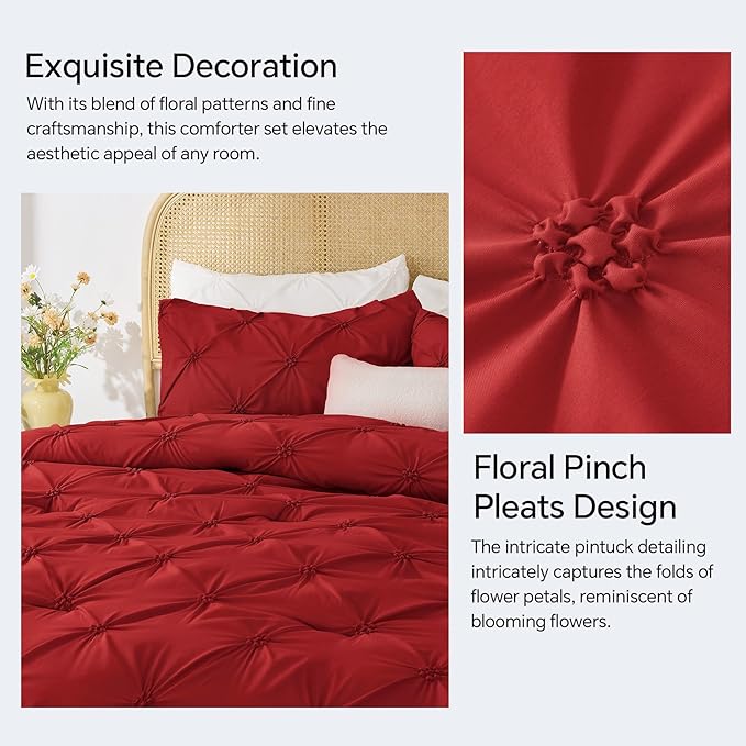 BEDELITE Red King Size Comforter Set - 3 Pieces Boho Pintuck Bedding Comforter Sets, Lightweight Soft & Warm King Bedding Set with 2 Pillowcases for All Season