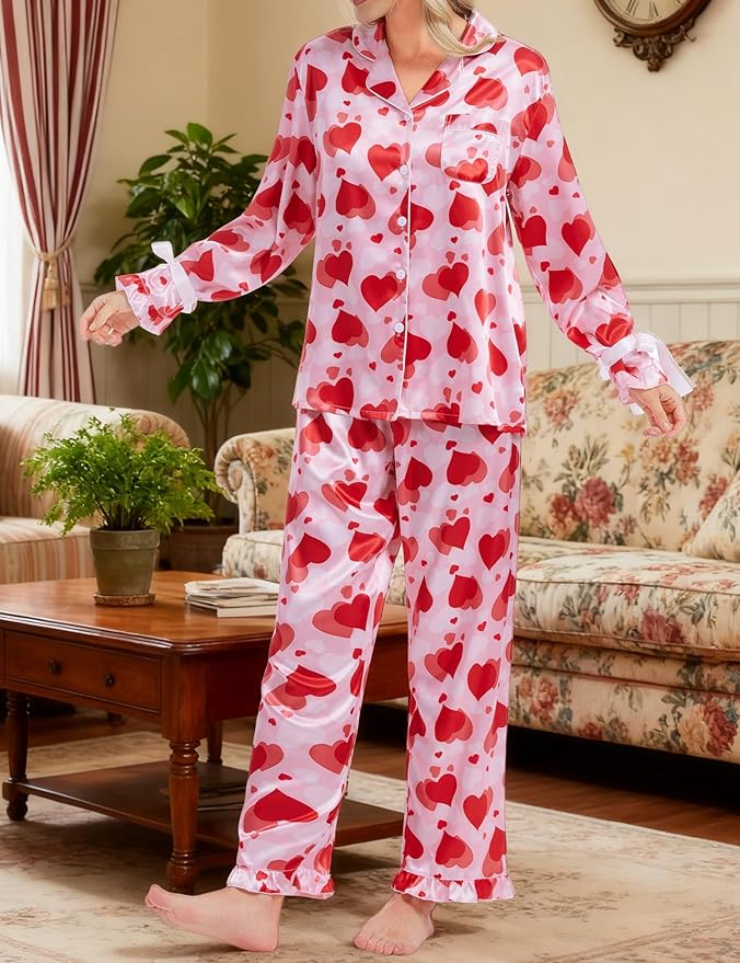 SWOMOG Womens Silk Satin Pajamas Set Long Sleeve Button Down Sleepwear 2 Piece Lounge Set Pj Set XS-3XL