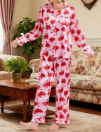 SWOMOG Womens Silk Satin Pajamas Set Long Sleeve Button Down Sleepwear 2 Piece Lounge Set Pj Set XS-3XL