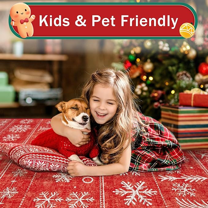 XLUEZ Runner Rug 2x6 Christmas Rugs, Machine Washable Kitchen Runner Boho Christmas Tree Snowflake Rug Non-Slip Soft Low Pile Hallway Rugs for Entryway Bedroom Bathroom Laundry(Xmas Red, 2'x6')