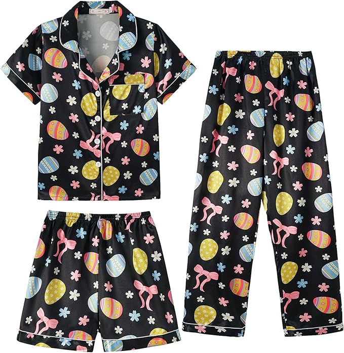 Hupohoi Unisex Girls Boys Kids Pajama Sets Button Down Satin Sleepwear Nighty 3PCS Silky Lounge Sets Nightwear