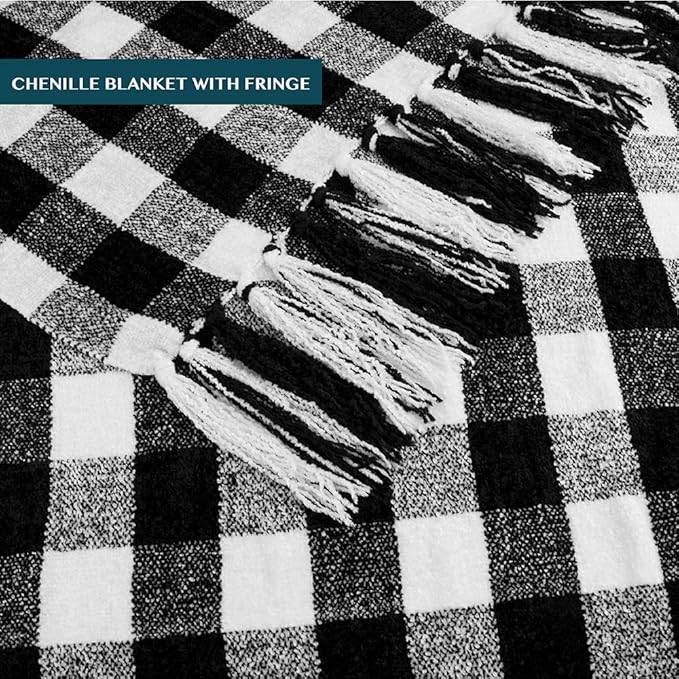 PAVILIA Plaid Chenille Blanket for Twin Size Bed, Soft Black and White Buffalo Plaid Checkered with Tassel Fringe, Woven Knitted Decorative Blanket for Sofa Couch Living Room Decor, Twin 60x80
