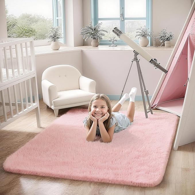 Ultra-Soft 3x5 Pink Shag Rug for Girls’ Bedroom – Small Fluffy Non-Slip Area Rugs for Living Room, Kids Room, Nursery, Playroom, Dorm, Home Office, Modern Plush Carpet Home Décor
