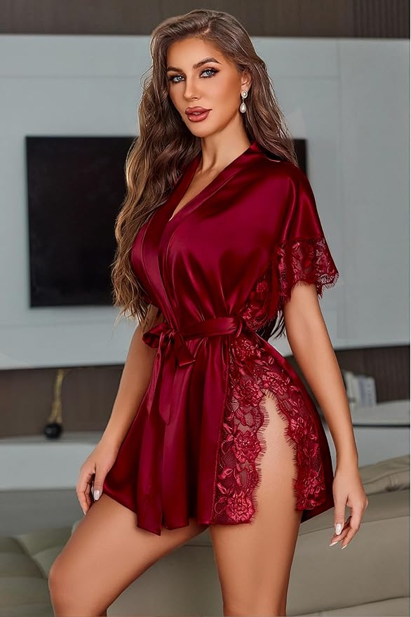 Avidlove Women Lingerie Robe Satin Sleepwear Eyelash Lace Kimono Side Split Sexy Silk Robes