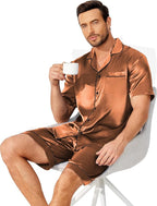 Ekouaer Mens Pajamas Set Silk Satin Sleepwear Short Sleeve Button Down Pjs Set 2 Piece Loungewear with Pockets S-XXL
