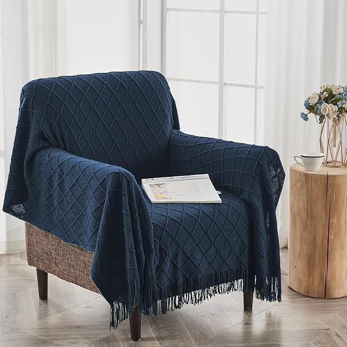inhand Knitted Throw Blankets for Couch and Bed, Soft Cozy Knit Blanket with Tassel, Dark Blue Lightweight Decorative Blankets and Throws, Farmhouse Warm Woven Blanket for Men and Women, 50"x60"