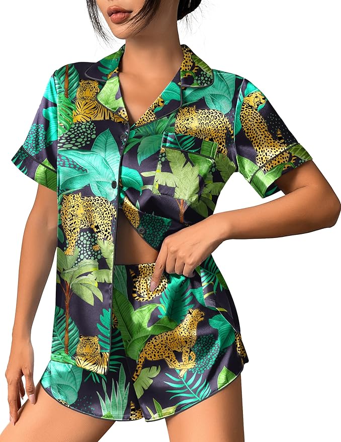 Ekouaer Womens Silk Satin Pajama Set Print Short Sleeve Sleepwear Button Down Pjs Shorts Set Loungewear