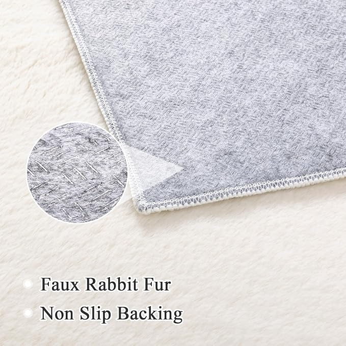 SHACOS Silky Soft Faux Rabbit Fur Area Rug 3'x5' Non Slip Washable Padded Throw Rugs Fluffy Cozy Indoor Modern Carpet for Living Room Bedroom Dining Room Kids Room Dorm Home Decor, Cream