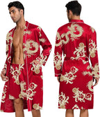 SWOMOG Mens 3 PCS Satin Robe with Pants & Shorts Set Kimono Bathrobe Long Sleeve Sleepwear Pjs Sets with Pockets