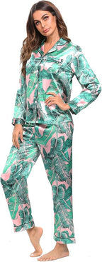 SWOMOG Womens Silk Satin Pajamas Set Long Sleeve Button Down Sleepwear 2 Piece Lounge Set Pj Set XS-3XL
