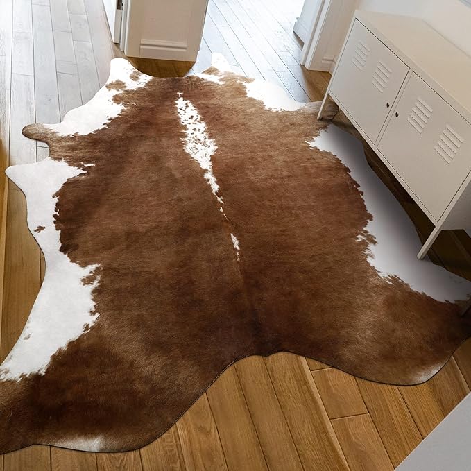 HOMORE Cowhide Rug, 3x4 Rug Small Cow Print Rug for Bedroom Faux Cow Hide Animal Print Carpet for Living Room Office Table Western Decor, Khaki Brown