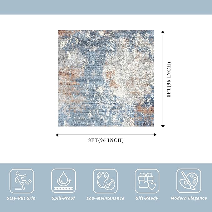 8x8 Square Living Room Area Rug – Washable Modern Neutral Abstract Indoor Rug for Bedroom, Dining Room, Kitchen – Non-Slip Soft Low-Pile Floor Carpet (Blue Rust,8x8)