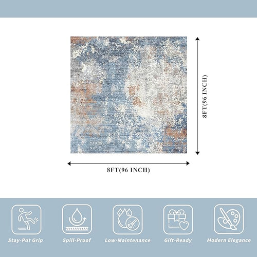 8x8 Square Living Room Area Rug – Washable Modern Neutral Abstract Indoor Rug for Bedroom, Dining Room, Kitchen – Non-Slip Soft Low-Pile Floor Carpet (Blue Rust,8x8)