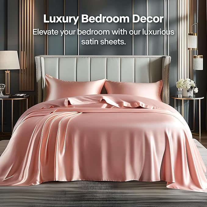 BEDELITE Satin Sheets Twin XL Size Bed Set, Luxury Soft Rose Pink Silky Sheet for Hair and Skin, Similar to Silk Bed Sheets Set 3 Pieces with 1 Deep Pocket Fitted Sheet, 1 Flat Sheet, and 1 Pillowcase