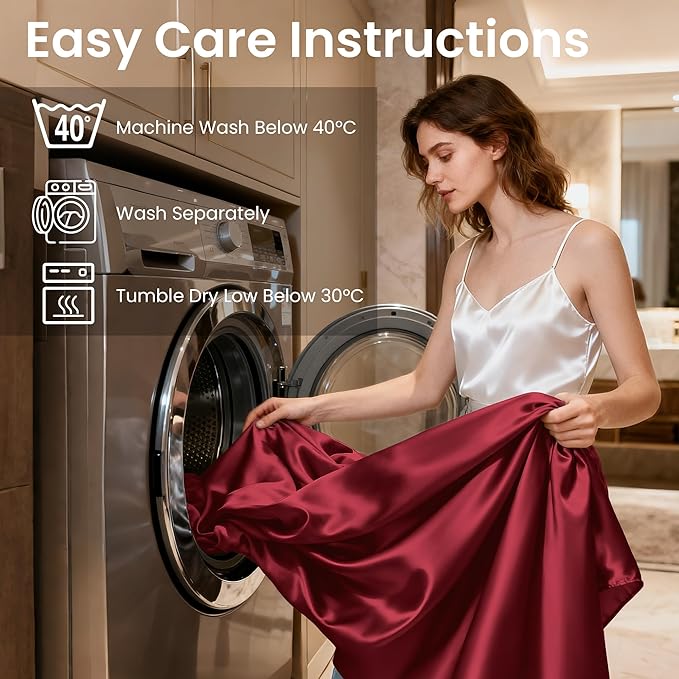 Love's cabin 4Piece California King Satin Bed Linen Set, Burgundy Silky Satin Sheets, Deep Pocket, Luxury Silk Feel, 1 Flat, 1 Fitted Sheet, 2 Pillow Cases