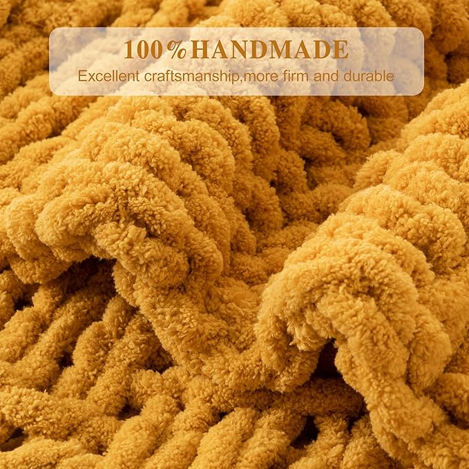 Bunnikins & Clover Mustard Yellow Throw Blanket for Couch, Chunky Knit Gold Blanket Throw with Chenille Yarn for Bed Living Room Home Decor, 50"x60"
