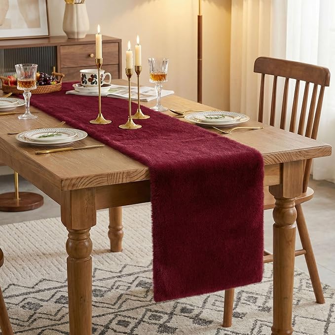 duduta Burgundy Faux Fur Table Runner 72 inches Long, Fluffy Dresser Runner Covers Holiday Wedding Home Decor