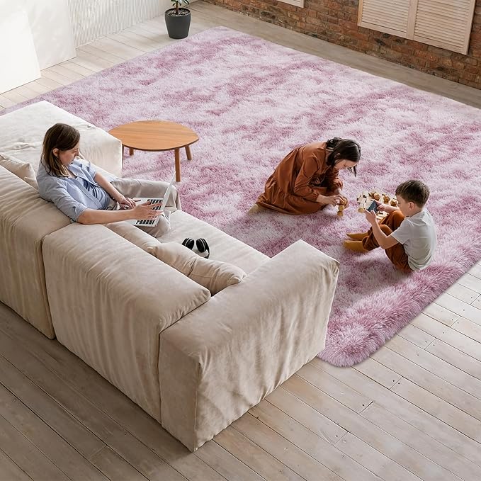 Softlife Area Rug for Living Room, 5x8 Feet Plush Fluffy Rug for Bedroom, Tie-Dyed Pink Purple Shag Rug for Aesthetic Christmas Room Decor, Soft Modern Fuzzy Faux Fur Carpet for Kids Nursery Room Dorm
