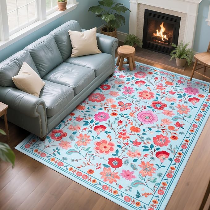 CRYPTOLITE 8x10 Area Rug for Living Room Clearance, Modern Washable Rug Non Slip Low Pile Floral Rugs for Living Room, Bedroom, Farmhouse, Dining Room, Kids Playroom, Blue