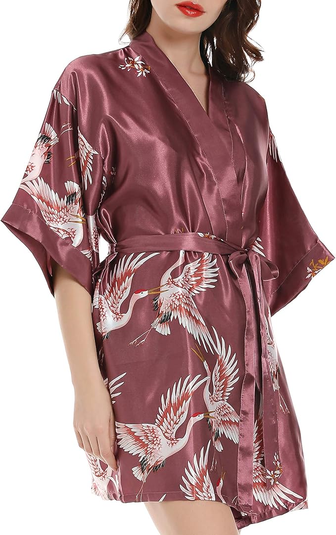 Women Kimono Robes Satin Dressing Gown Crane and Blossoms Sleep Lounge Nightwear Short Silk Bride Bridesmaid Robe