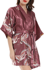 Women Kimono Robes Satin Dressing Gown Crane and Blossoms Sleep Lounge Nightwear Short Silk Bride Bridesmaid Robe