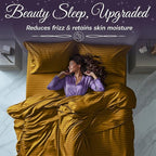 SLEEP SANCTUARY Satin Sheets Queen Size – 4 Piece Luxury Silky Bed Set, Softer Than Silk, 15" Deep Pocket, Cooling & Wrinkle-Free, Moisture-Wicking & Breathable for Hair & Skin (Striped Gold)