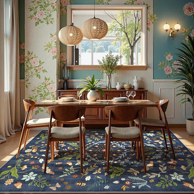 Lahome Chloe Insect Botanical Washable 5x7 Area Rugs for Living Room, Non Slip Blue Rug for Bedroom, Boho Indoor Throw Dining Room Carpet for Under Table Entryway Kitchen Office(Dark Blue,5x7)