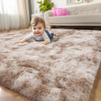 Amdrebio Tie-Dyed Beige Tan Area Rugs for Bedroom Kids Room, 5x7 Cute Fluffy Plush Shaggy Rug for Living Room Decor Aesthetic, Soft Furry Fuzzy Neutral Carpet for Baby Nursery Playroom Preppy Dorm