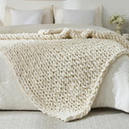 YAAPSU Chunky Knit Throw Blanket for Couch, 51"x63",100% Hand Knitted Thick Cable Knit with Cozy Jumbo Chenille Yarn, Soft Large Rope Knot Crochet Blankets for Sofa Bed Living Room Décor,Vintage White
