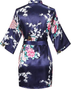 Women's Short Kimono Robes Bride and Bridesmaid Satin Floral Bathrobe Peacock Sleepwear Dressing Gown for Wedding Party