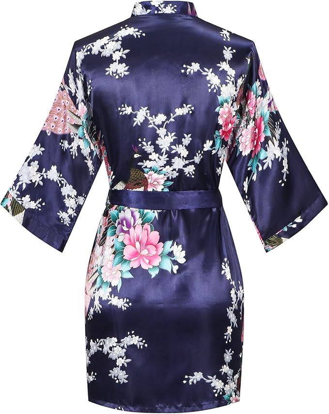 Women's Short Kimono Robes Bride and Bridesmaid Satin Floral Bathrobe Peacock Sleepwear Dressing Gown for Wedding Party