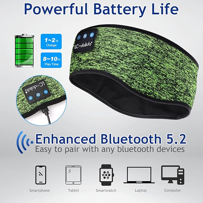 LC-dolida Sleep Headphones Wireless Bluetooth Headband Headphones for Sleeping Music Band Cozy Sleep Mask with Thin HD Stereo Speakers Perfect for Side Sleepers(Olive)