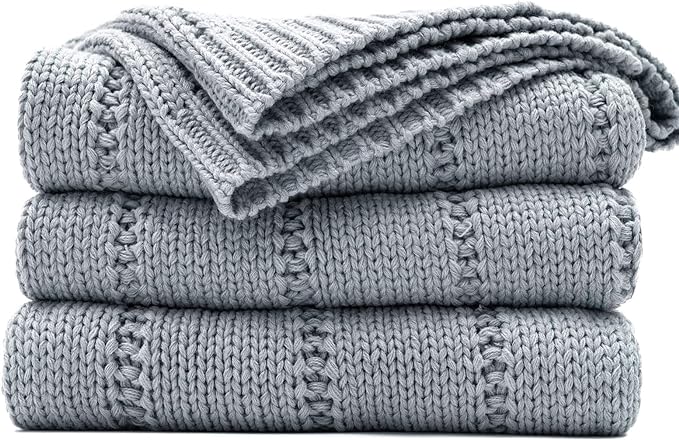 RECYCO Cable Knit Light Grey Throw Blanket Twin Size for Couch, Super Soft Warm Cozy Decorative Knitted Throw Blanket 3.6LB for Bed, Sofa, Chair Large 60"x80"