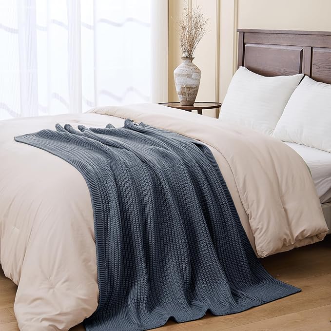 Chunky Knit Dusty Blue Throw Blanket Soft Cozy Decorative Blanket for Couch Sofa Bed Living Room,Spring Throw 60"x80"