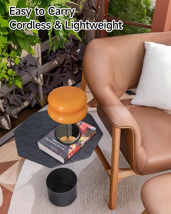 Mushroom Table Lamp for Bedroom, Cordless Mid Century Modern Lamp, Cute Egg Tart Small Night Light, 5000mAh Rechargeable Table Light for Living Room Nightstand Home Mushroom Decor Aesthetic (Copper)